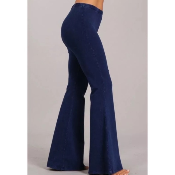 Galaxy Blue Boho Mineral Wash Flare Stretch Pants - Picture 3 of 6